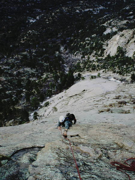 Tom Schuster (with Mike Edmonds on his heels) at the last pitch. The entire route can be seen spread out below him