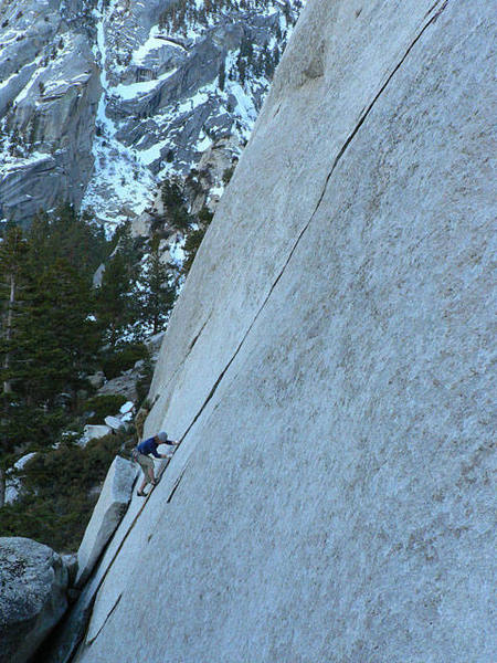 Nick attempting the onsight of Tanager (5.10b), at the base of Ghostrider.