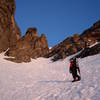 Sunrise on Dragon's Tail couloir, about halfway up.  3/17/07.  