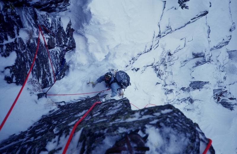 First ascent of "Lost in the Woods," Hallett Peak.
<br>
<br>
Climber: Olaf Mitchell.
<br>
<br>
Photo: Bruce Sposi.
