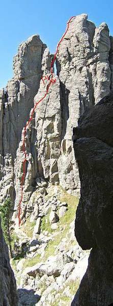 very rough beta shot of route, spot for anchors at P1 and the 2nd pitch. Thanks to whoever posted the original beta photo. I will get more pics up at a later date