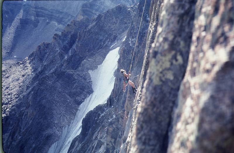 The late Chip Salaun in the early '80s doing botany research on the steep wall on the left side of The Diamond.<br>
<br>
Photo by: Olaf Mitchell.