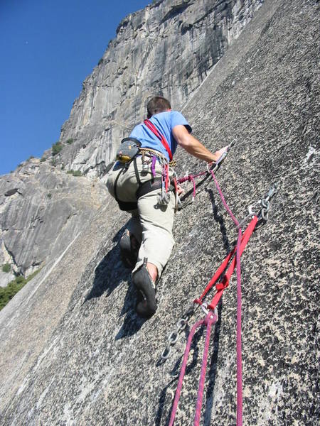 Rusty Reno working the crux of Firefingers. Photo by Bruce Dicks.