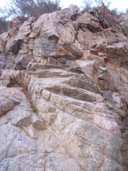 Kind of a blurry photo, but this is the view looking up the arete from the bottom.