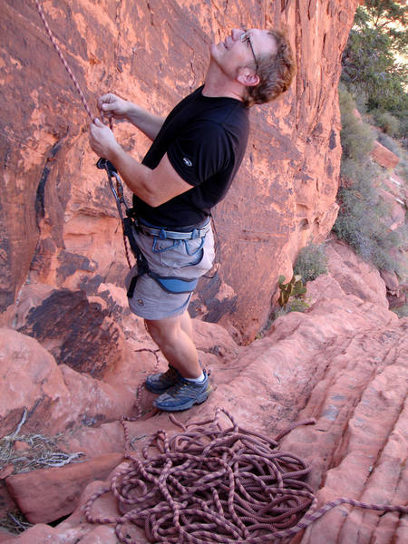 Mike entertained by my hangdogging, cussing, and complaining incessantly up a stupid ass 5.10C, and.... on TR!<br>
<br>
Give me a 5.7, 10 pitch trad route over this shit anyday!<br>
<br>
Photo by Mason, who also seemed to be entertained by my madness.