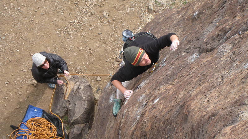 Guido (SuperBender) pulling the crux moves  on "Sunny Side Up" on the Lower Buttress at The Overlook in January 2007. 
