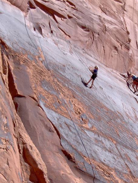 7 y.o. Zachary, decending after climbing the 5.6ish slab area in the middle of the Ice Cream Parlor. A very kid-doable area for climbing families once a top rope has been set up.