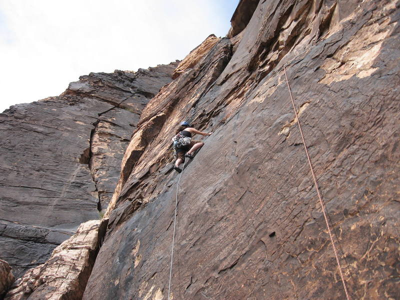 Tamara wrapping up the exciting traverse on p3; bighorn in background