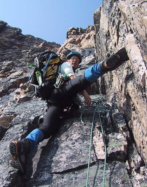Happy times on the crux buttress, above most of the rock fall.
