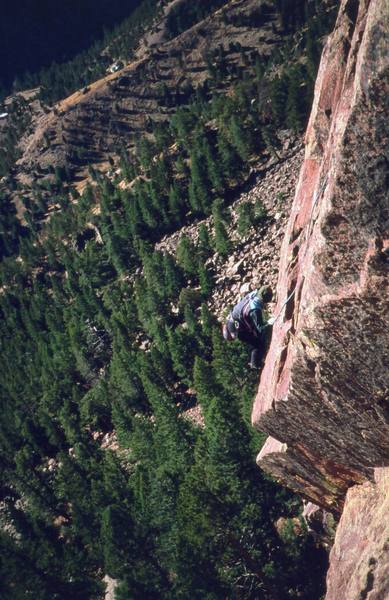 Joseffa Meir follows just above the roof on P3 of Rhinodina. Photo by Tony Bubb, 11/'01.