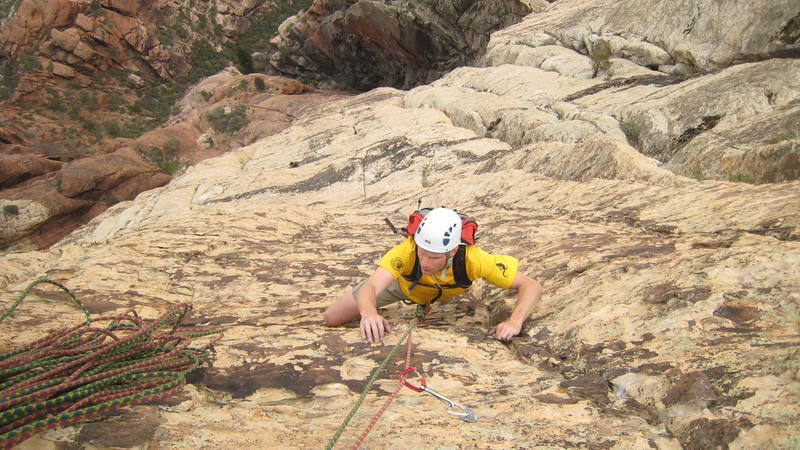 The upper pitches of this route are stellar. Steep but super positive face climbing on awesome rock. April 7th, 2007.