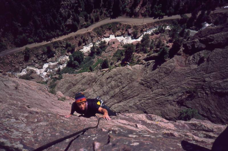 Kent Korbel on 'Upper Ruper (5.7)' on Eldo's Redgarden Wall. Photo by Tony Bubb, 2003.
