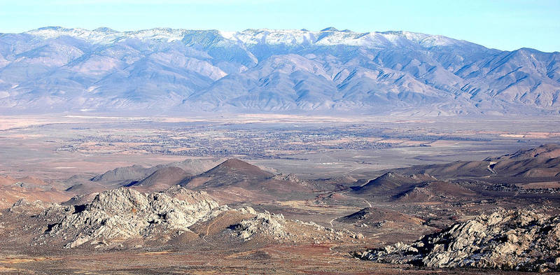 The Buttermilks, looking east over Bishop and the Owens Valley with the White Mountains in the background.