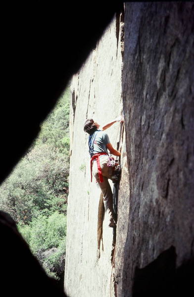 <br>
Bruce Sposi on Outer Limits 5.10c located on The Cookie Cliff, Yosemite Valley, Ca.<br>
Photo Olaf Mitchell<br>
<br>