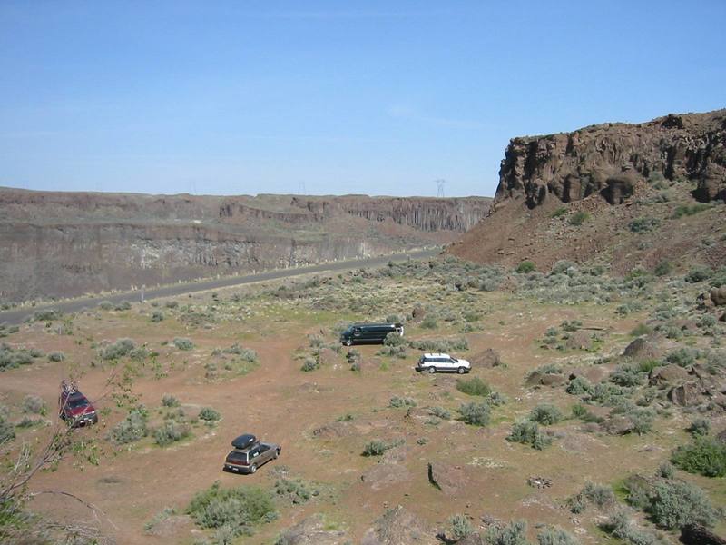 Looking down at the north side parking from the base of the climbs.