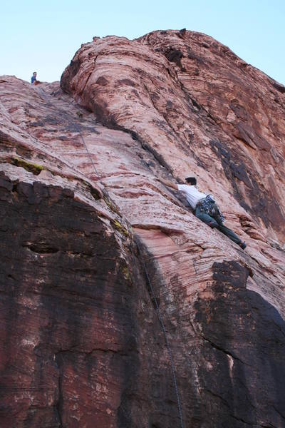 Right at the crux; this route is steeper than it appears in this photo!