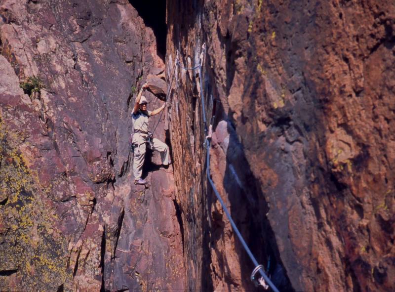 Joseffa Meir steps up to follow on P1 of 'Rosy Cruxifixion (5.10)', On Eldo's Redgarden Wall. Photo by Tony Bubb, 2004.