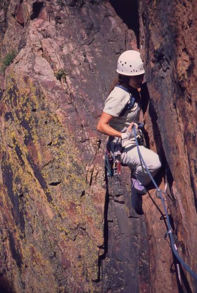 Joseffa Meir approaching the end of P1 of 'Rosy Cruxifixion (5.10)', On Eldo's Redgarden Wall. Photo by Tony Bubb, 2004.