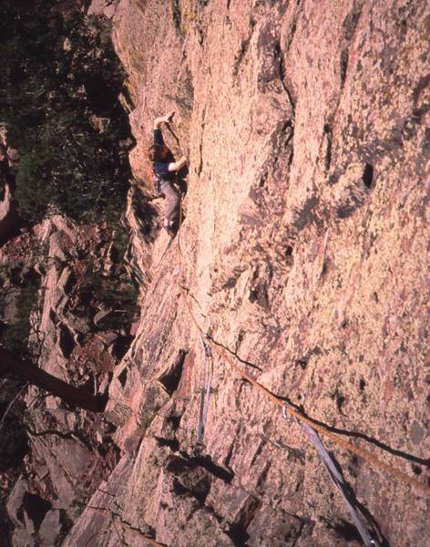 Dave Stewart follows P1 of 'Three Old Farts Young At Heart (5.10)' on Eldo's Redgarden Wall. Photo by Tony Bubb, 2004.