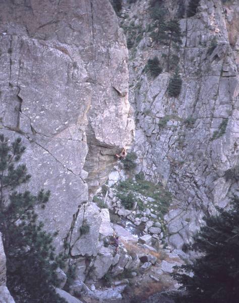 Tony Bubb in the crux section on 'Lucid Dreaming (5.13-)' on Plotinus Wall. This is where I popped off- Chris Parks belays. Photo by Peter Spindloe, 2003.