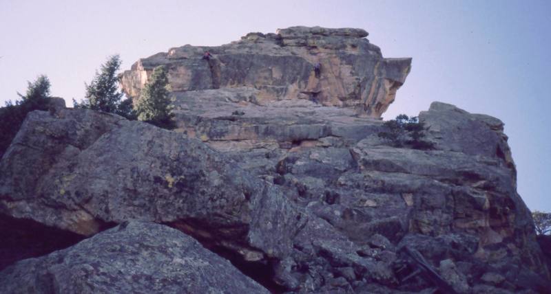 In this photo, a party is on each of the two climbs in the East Face of Devil's Thumb, both 'Left Side' and 'Toponas.'<br>
<br>
Photo by Tony Bubb, 2002.