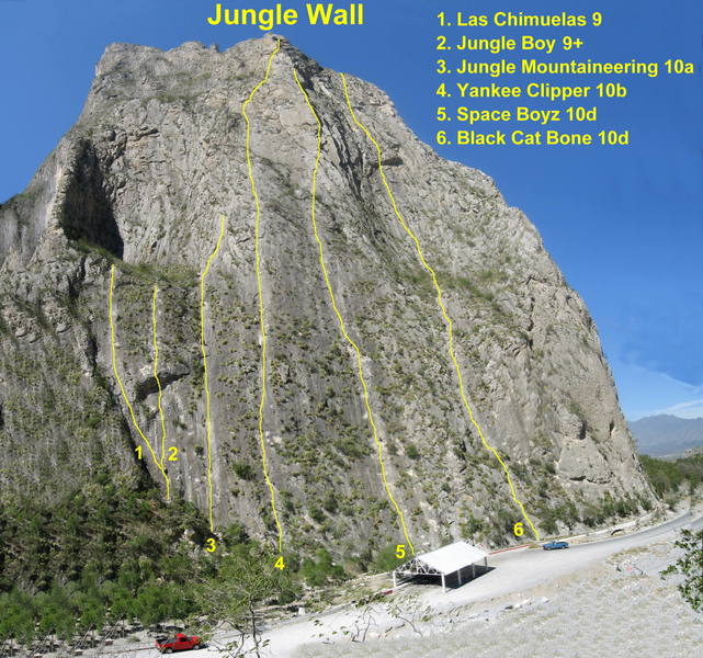 Main routes on Jungle Wall. Photo taken February, 2007.