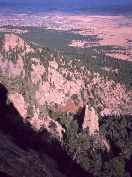 The "Sibling" formation, a small flatiron due North of the Matron. This image was taken from 1/2 way up the "Lost And Found Flatiron", which lies up and to the S/SW. Photo by Tony Bubb while on the FA of 'ANBB.'