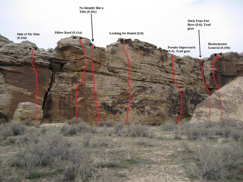 Photo-topo of the Slab Wall, including all known routes. Bolted anchors are shown; routes w/o anchors indicated DO NOT HAVE anchors. All anchors can be accessed from the top of the cliff for toproping, but pulling the rope after rapping can be difficult from some of them.