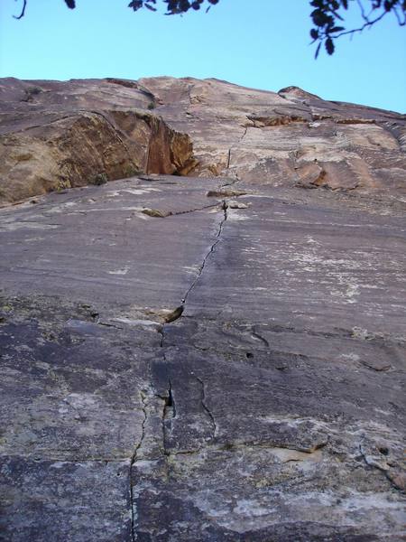 1st pitch of 'Wholesome Fullback'. There is a belay station on top of the pillar on the left side of the photo.