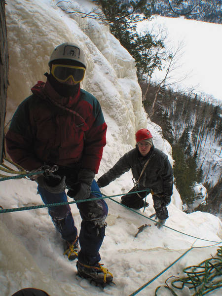 Joel Therneau and Roberto Gallina on the belay on top of the climb. February, 2004.