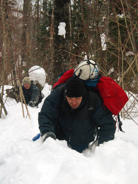 Roberto and Joel approaching Tears of Joy through waist deep snow. February, 2004.