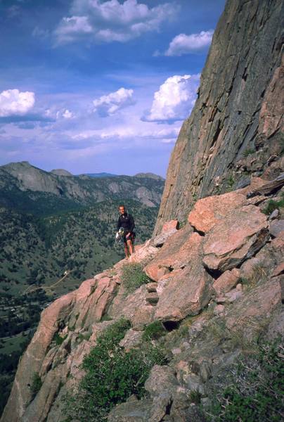 John Cioci descends, somewhat lost, from the top of Deer Ridge Butress in the Estes Park area. At least the views were great.