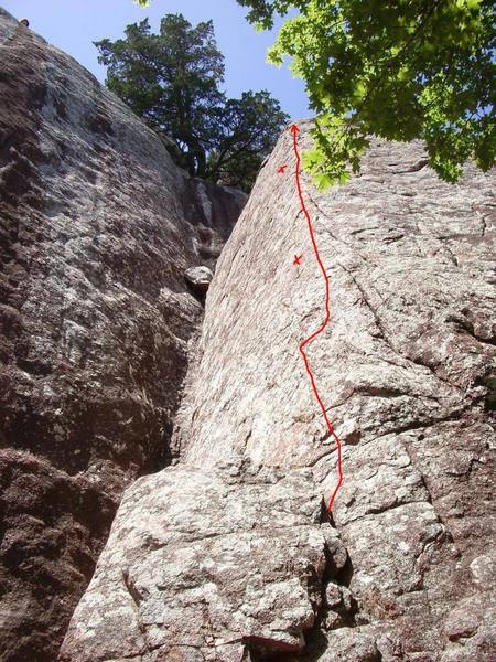 Red line shows approximate path up Frankly Scarlet. X's mark the approximate location of the two bolts on the route