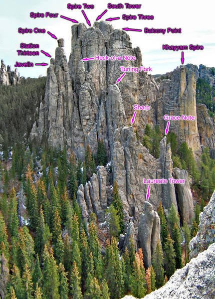The Cathedral Spires as seen from the top of Bartizan. I've labeled them to the best of my knowledge using the Piana map for the one's I'm not personally familiar with. If I've screwed something up, let me know. For those of you who haven't been to the top of Bartizan, the view is awesome and this photo does not do it justice!