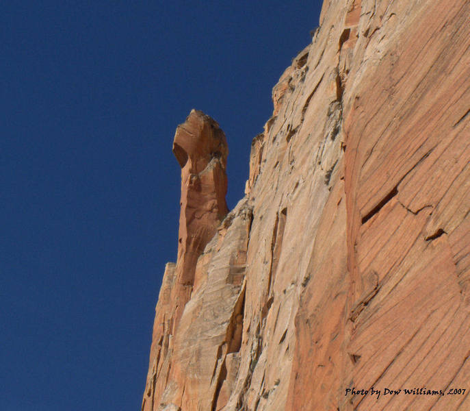 The Sentinel -Birdsbeak Spire,IV, 5.10, A2, FA: Will Oxx and John Middendorf, 1993, as seen from ascent of the Sentinel, Zion National Park, April, 2007. Check out the similarity between this spire and Smith Rocks Monkey Face.