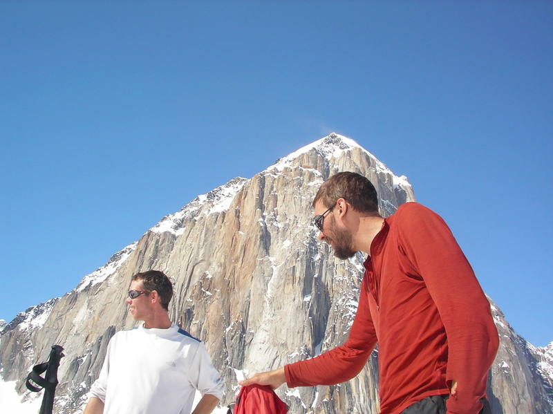 Andy Grauch and Ryan from Bend hanging out at basecamp. The 5000ft east face of Mount Dickey in the background
