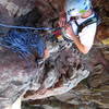 Clint racking up at the eyebolt at the Red Ledge belay.<br>
<br>
