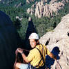 Preparing to descend off of Goatskin.  This was my first climb in the Black Hills--1999.  At least it had a nice view of Baldy!