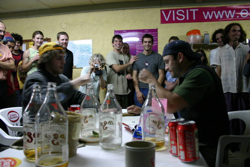 After a hard day of climbing there is nothing better than a shitload of beer and battling over the finger board at La Posada (New Year's Eve, 2004).