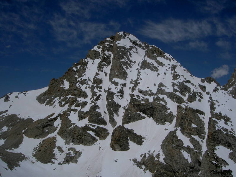 Southeast face of the Middle Teton as seen from the top of the West Hourglass Couloir on Nez Perce.