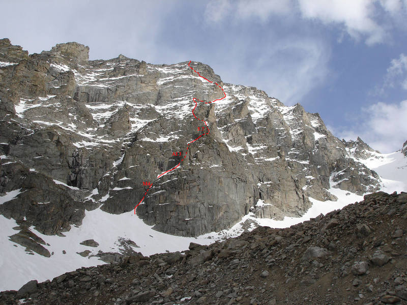 The MacDonald-Sievers line on Apache's northwest face. The face is 2,000 vertical feet from the start of the roped climbing to the summit.