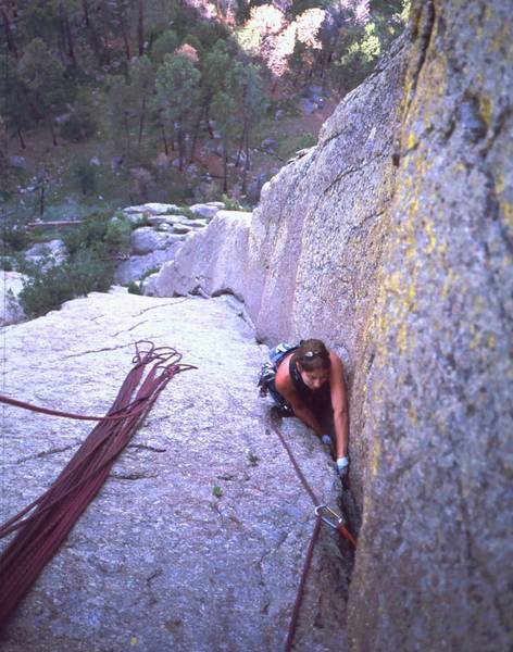 Joseffa Meir follows P1 of 'Soler (5.8)' at Devil's Tower. Photo by Tony Bubb, July '01.