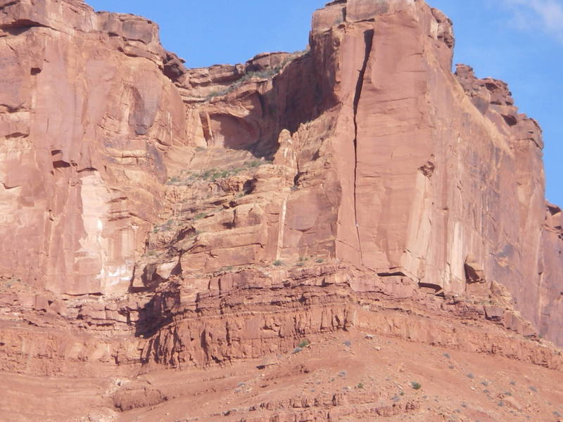 Ascended Yoga Masters is the obvious gash in the pic. Note the white hanging out in the maw, its one of us. My wife snapped this from where you park for this side of Parrot Mesa