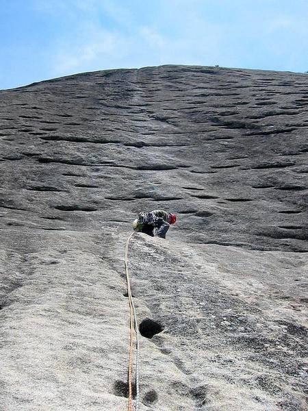 Gearing up for the fourth and final pitch. Funny how much easier it is to see the water streak in the photo than it was at the time. Photo by Huong.