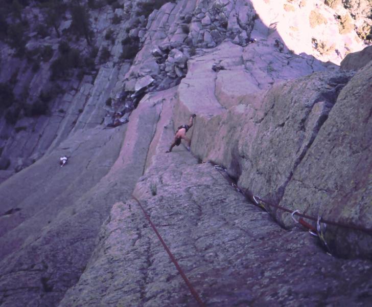 Tony B. coming up just past the crux on Carol's Crack(11a). Photo by Joseffa Meir, 7/2001.