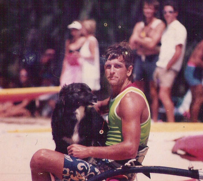 Myself and one of my favorite'ist dogs, 'Scruffy' on the beach at Kanaha Beach park, Maui Hawaii.<br>
He was a wicked smart and made an awesome bruddah to hang with. 