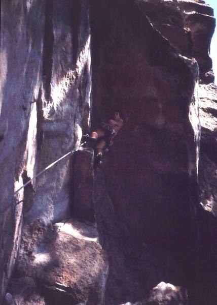 Tony Bubb under the roof while they lower the lights for the cheap afternoon show on 'Matinee' (10d) at the Gunks. Photo by Michelle Moffat, 9/03.