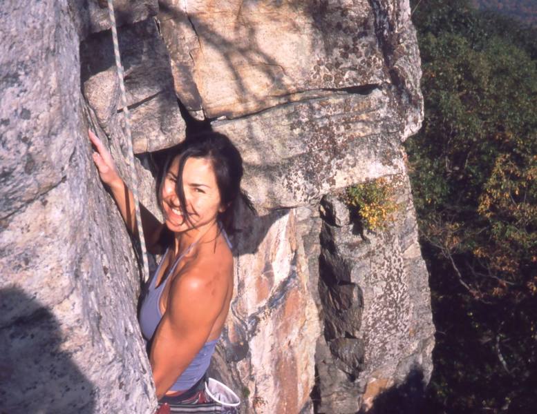 Michelle Moffat, an occasional partner I just seem to run into now and then- at The Gunks, Red Rocks, Eldo, Indian Creek, etc. Photo by Tony Bubb, 10/03, on 'Matinee' in the Gunks.
