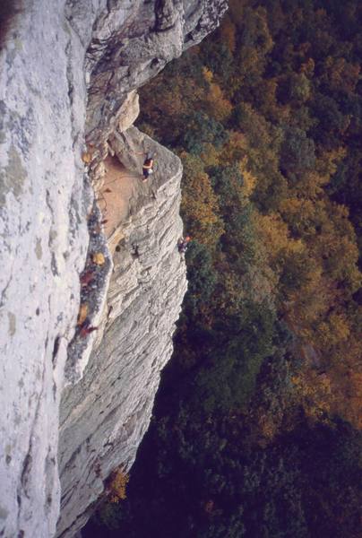 A few unknown Gunks climbers getting 'High Exposure' (5.6!) in the Traps. Photo by Tony Bubb, 10/03.