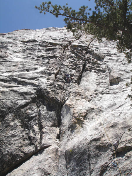 Kim having fun leading pitch one of LST. Great climb!<br>
<br>
Taken 6/14/07